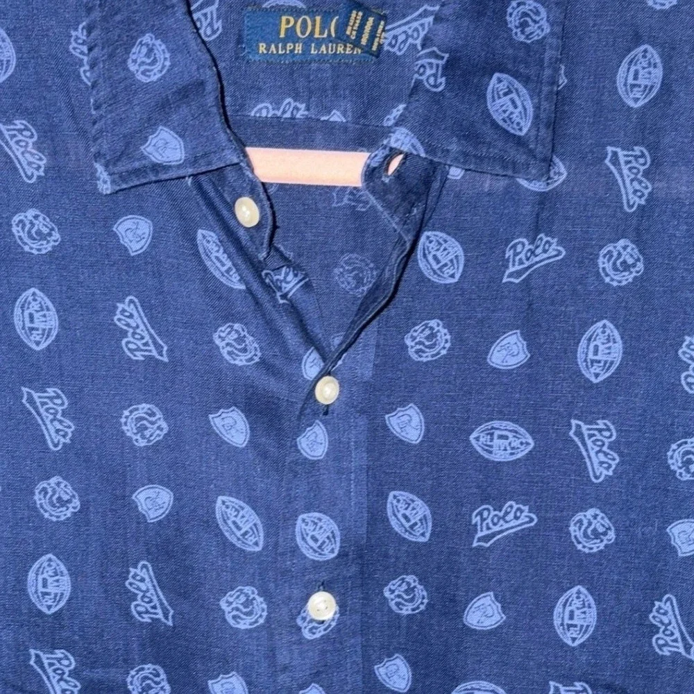 Polo Ralph Lauren 100% Linen shirt SS Button‎ Front Logo Print Football sz LG - Picture 5 of 7